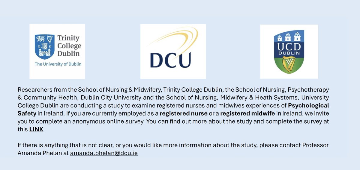 School of Nursing & Midwifery, TCD (@tcd_snm) on Twitter photo Are you a registered nurse or midwife currently working in Ireland?
Help researchers from <a href="/tcddublin/">Trinity College Dublin</a>, <a href="/DCU/">Dublin City University</a> and <a href="/ucddublin/">University College Dublin</a> to understand your experiences of psychological safety.
💡 Psychological safety relates to a culture where team members are enabled to take risks, speak Are you a registered nurse or midwife currently working in Ireland?
Help researchers from <a href="/tcddublin/">Trinity College Dublin</a>, <a href="/DCU/">Dublin City University</a> and <a href="/ucddublin/">University College Dublin</a> to understand your experiences of psychological safety.
💡 Psychological safety relates to a culture where team members are enabled to take risks, speak