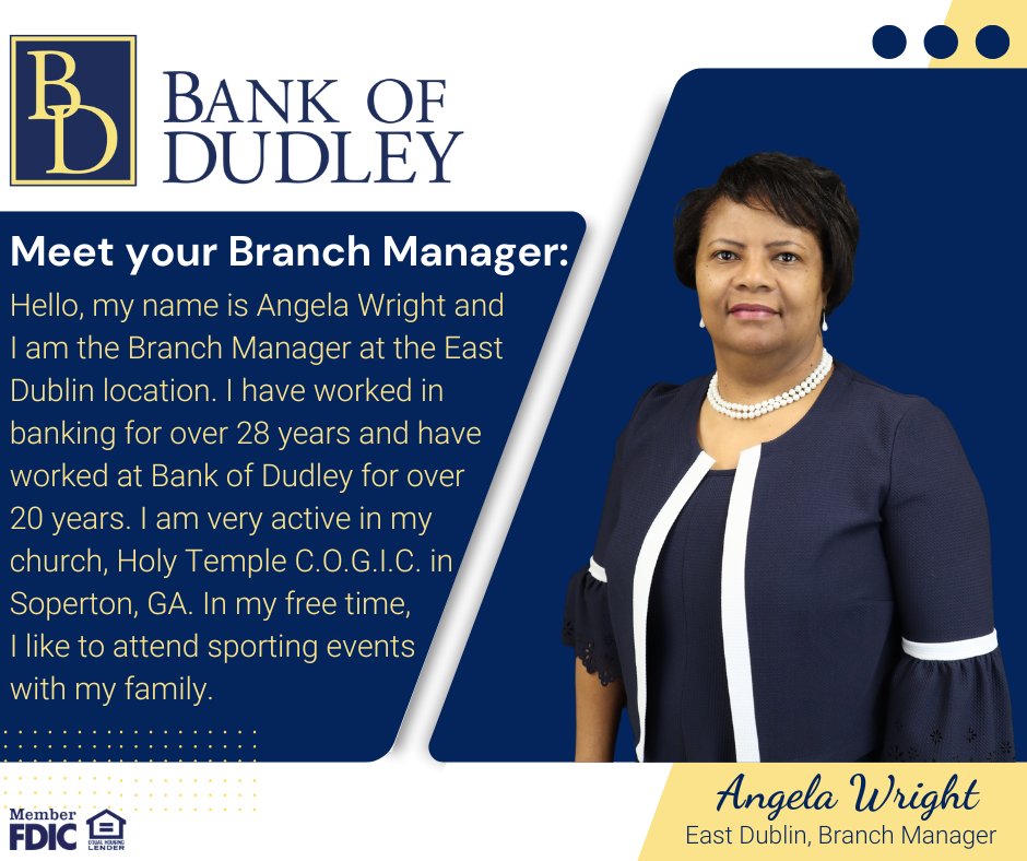 Meet Angela Wright, Branch Manager at our East Dublin location! With a dedication to providing top-notch customer service, our employees are always ready to help. At Bank of Dudley, your needs are met by local people who understand our services and your needs!
