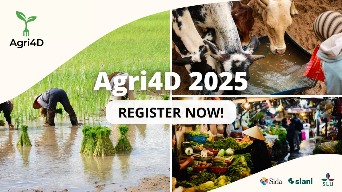 SIANIAgri's tweet image. The registration for #Agri4D 2025 is open! Join a #Global community of people working on sustainable #FoodSystems, #Agriculture, and #Development.
Register now and be part of Agri4D 2025: buff.ly/vI9BL7V
❗Submit your abstract by the 8th of May!
@sida @_SLU