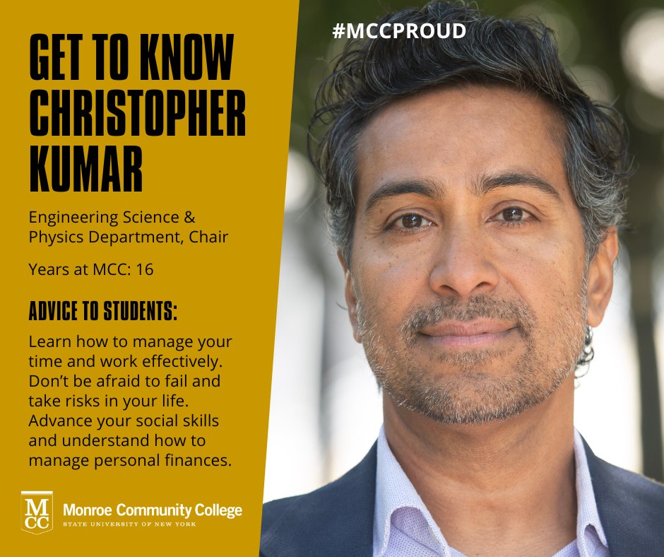 MonroeCC's tweet image. Meet Christopher Kumar – Chair of the Engineering Science &amp;amp; Physics Department at Monroe Community College. Discover more about Christopher's efforts to drive the department's success! 👇

bit.ly/3YaAzzL

#MCCPride #UnlockingOpportunity #ProudToBeMCC #MCCProud