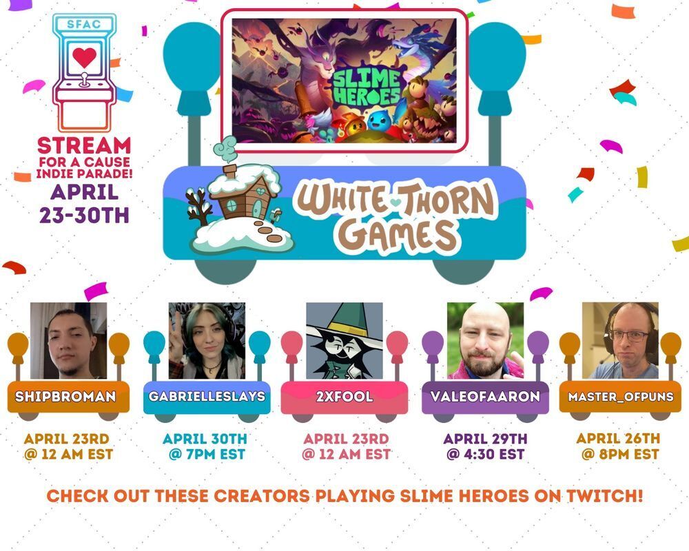 Whitethorn Games (@whitethorngames) on Twitter photo π Check out some awesome creators playing Slime Heroes and raising funds for <a href="/Streamcause/">Stream for a Cause</a> during the Indie Pride Parade! Be sure to tune in for giveaways and other incentives while supporting a great cause!π π Check out some awesome creators playing Slime Heroes and raising funds for <a href="/Streamcause/">Stream for a Cause</a> during the Indie Pride Parade! Be sure to tune in for giveaways and other incentives while supporting a great cause!π