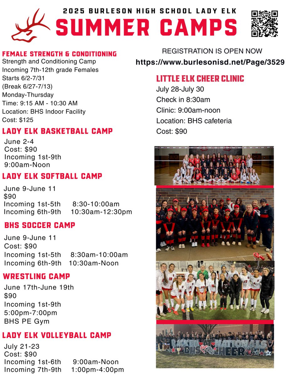 Burleson HS Girls Athletics (@bhsgathletics) on Twitter photo Burleson High School Lady Elk Summer Camps
Sign up early to guarantee a spot and T-shirt
burlesonisd.net/Page/3529
<a href="/BurlesonSports/">Burleson ISD Athletics</a> <a href="/BurlesonISD/">BurlesonISD</a> <a href="/Hajek_Hawks/">Hajek Elementary</a> <a href="/CSYellowJackets/">Clinkscale Elem.</a> <a href="/FrazierBears/">Frazier Bears</a> <a href="/TaylorTexans/">Taylor Elementary</a> <a href="/MoundMustangs/">Academy of Leadership & Technology @ Mound Elem.</a> <a href="/HughesHuskies/">Hughes Middle School</a> <a href="/STEAM_MS/">STEAM Middle School</a> <a href="/CityofBurleson/">City of Burleson, TX</a> <a href="/BHSElks/">Burleson High School</a> Burleson High School Lady Elk Summer Camps
Sign up early to guarantee a spot and T-shirt
burlesonisd.net/Page/3529
<a href="/BurlesonSports/">Burleson ISD Athletics</a> <a href="/BurlesonISD/">BurlesonISD</a> <a href="/Hajek_Hawks/">Hajek Elementary</a> <a href="/CSYellowJackets/">Clinkscale Elem.</a> <a href="/FrazierBears/">Frazier Bears</a> <a href="/TaylorTexans/">Taylor Elementary</a> <a href="/MoundMustangs/">Academy of Leadership & Technology @ Mound Elem.</a> <a href="/HughesHuskies/">Hughes Middle School</a> <a href="/STEAM_MS/">STEAM Middle School</a> <a href="/CityofBurleson/">City of Burleson, TX</a> <a href="/BHSElks/">Burleson High School</a>