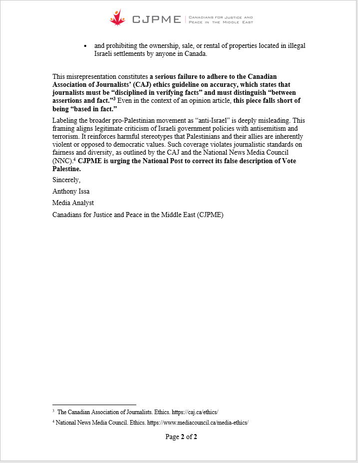 The National Post and Mr. Hopper are once again spreading disinformation. They claim the Vote Palestine campaign calls for sanctions on “everything connected to Israel.” That’s false. The campaign targets Canadian complicity in illegal Israeli settlements. 

Our response: