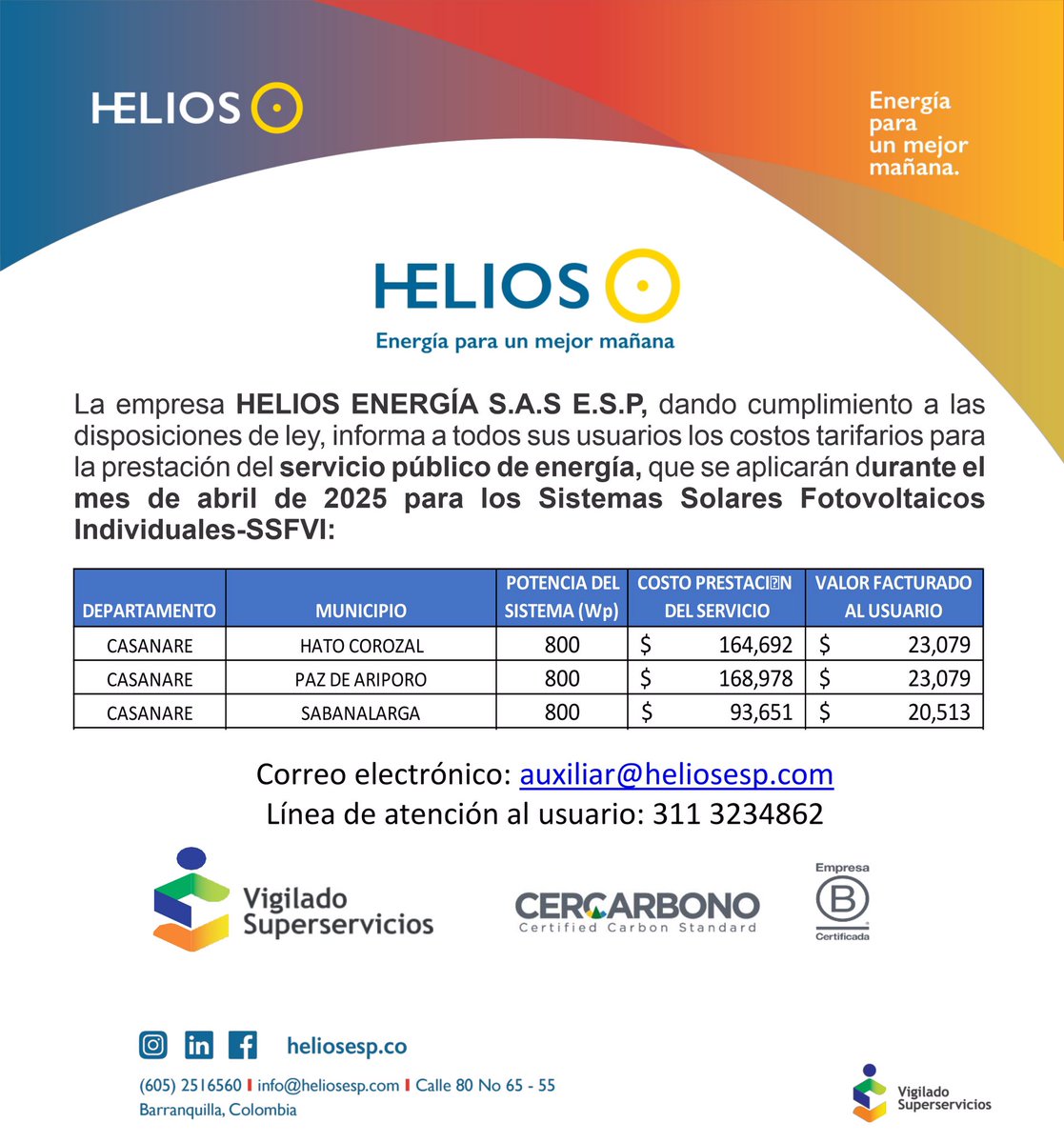 La empresa HELIOS ENERGÍA S.A.S E.S.P, dando cumplimiento a las disposiciones de ley, informa a sus usuarios los costos tarifarios para la prestación del servicio público de energía, que se aplicarán durante el mes de abril 2025/Sistemas Solares Fotovoltaicos Individuales-SSFVI: