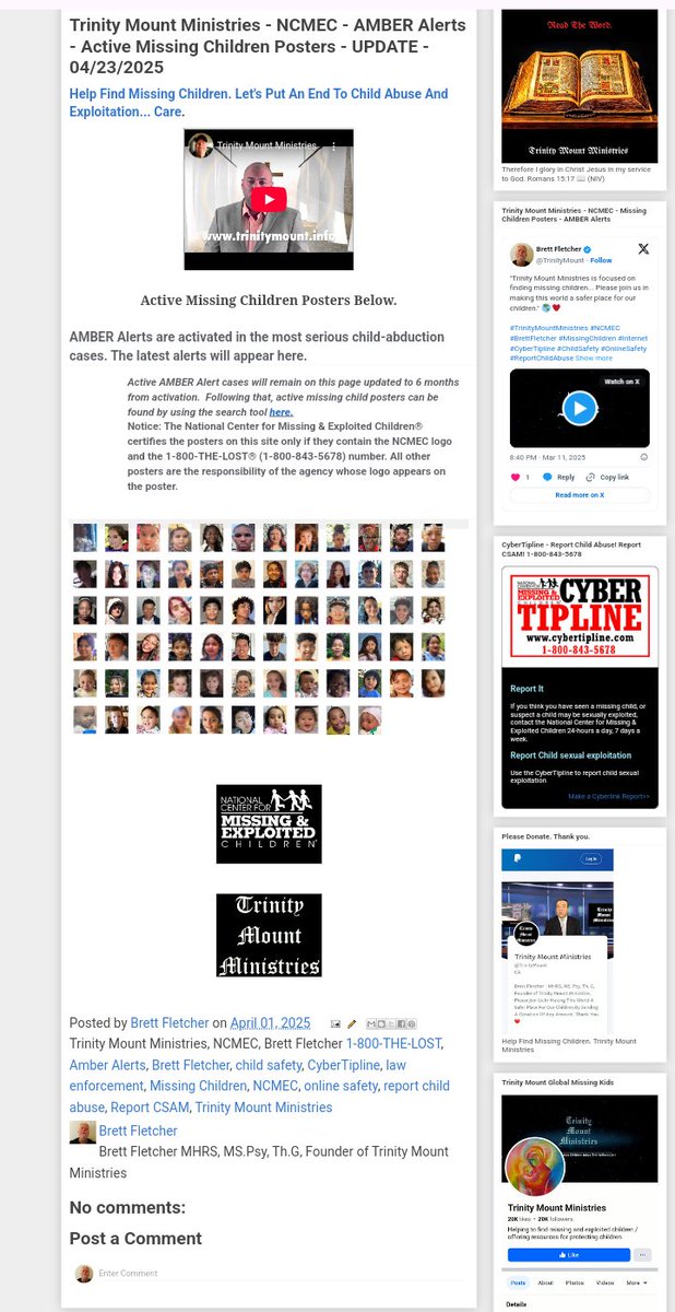 TrinityMount's tweet photo. Trinity Mount Ministries - NCMEC - AMBER Alerts - Active Missing Children Posters - UPDATE - 04/23/2025
https://t.co/XK9W5ta47V
#TrinityMountMinistries #MissingChildren #NCMEC #AmberAlerts #CyberTipline #ReportChildAbuse #ReportCSAM #ChildSafety #OnlineSafety #LawEnforcement #BrettFletcher
Trinity Mount Ministries
https://t.co/HuvwDRI6A8