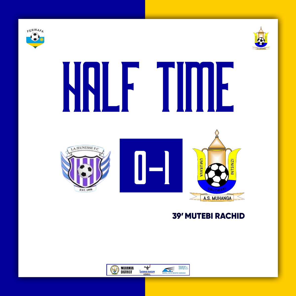 AsMuhanga's tweet image. #HT Our star forward, Mutebi Rachid, netted a goal that gave AS Muhanga a 1-0 lead over La Jeunesse going into Halftime.

💙💛 Let's go for the second half 🏟️
