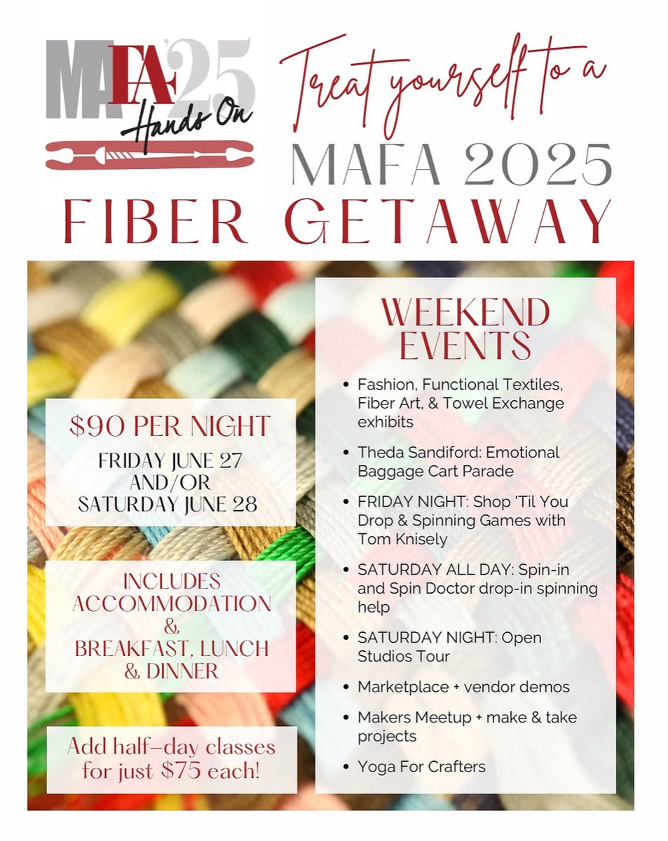 MAFAfiber's tweet photo. Did you know that you can attend MAFA 2025 as a day tripper or an overnighter?  There are many activities.  Click here for more information and to register:  https://t.co/ehd7nJo0Zs https://t.co/mN45s0GZCJ
