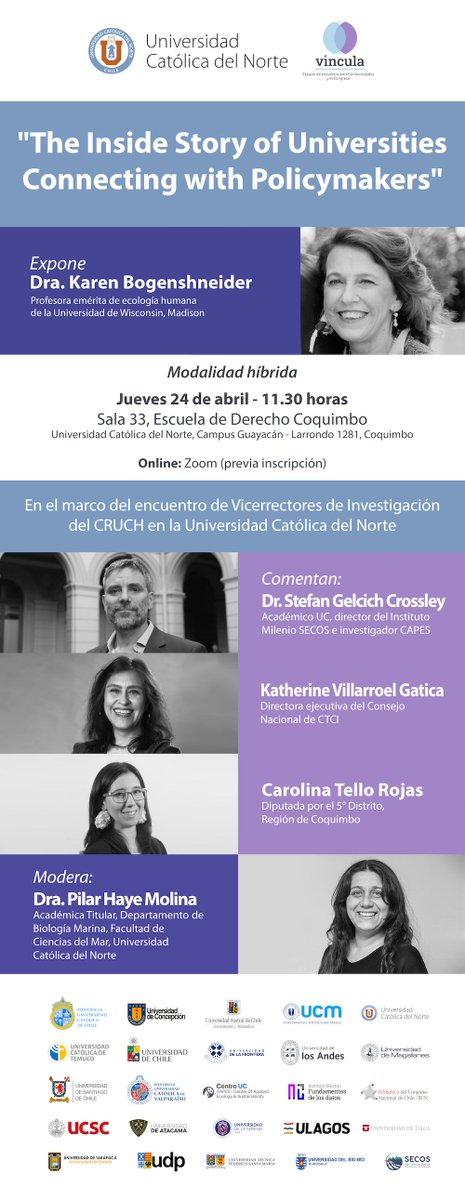 ¡Universidades y políticas públicas! 🎓

Súmate a este nuevo encuentro del ciclo de charlas magistrales "Ciencia y Democracia". 📢 

🔁 Modalidad híbrida

📍 Presencial:
🗓️ 24 de abril, a las 11:30 horas
📌 <a href="/UCN_Coquimbo/">UCN Coquimbo</a> 

💻 Online
📝 Inscripciones: bit.ly/VinculaUCN