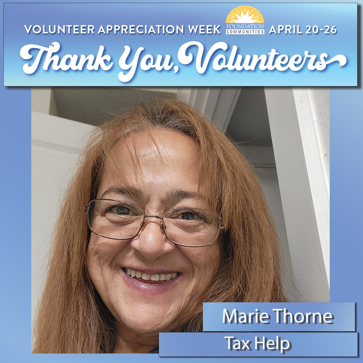 Today's volunteer shoutout goes to Marie, a client liasion with the Tax Help program! Marie says, "What I love most about volunteering as a Client Liaison at the Prosper Center is the human connection." Thank  you, Marie, for your positive contributions to the Austin community.