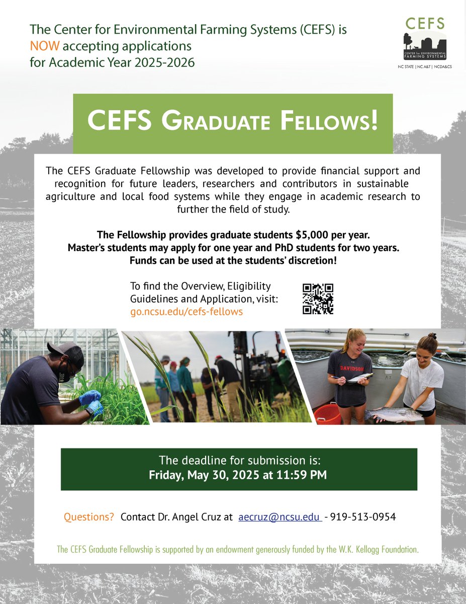 AHSNCState's tweet image. 🌾 Grad students at NC State: Passionate about sustainable ag &amp;amp; local food?

Apply for the CEFS Fellows Program!
✔️ $5K/year
✔️ Pro development + networking
✔️ Master's (1 yr) | Ph.D. (2 yrs)

Details 👉 go.ncsu.edu/cefs-fellows
#CEFS #SustainableAg #GradFellowship #NCState