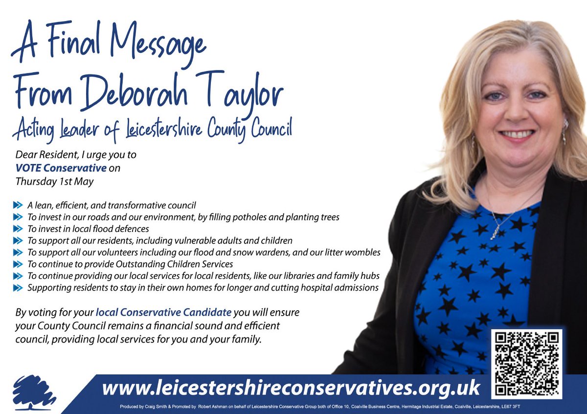Vote for your local Conservative Candidate on May 1st so we return to County Hall to continue to provide cost effective and excellent services for our local communities.
Only the Conservatives can win a majority in Leicestershire.