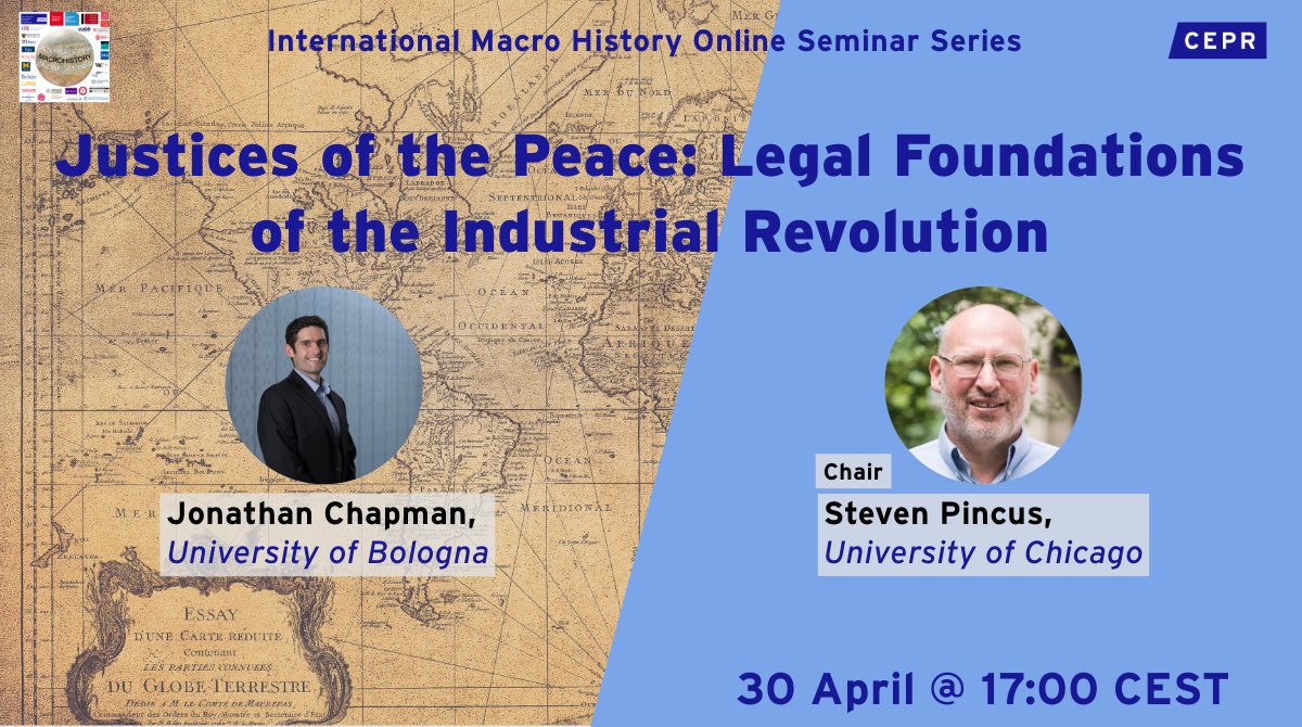 CEPR (@cepr_org) on Twitter photo 30 Apr <a href="/17/">Sonja Cruz</a>:00 CET The International Macro History Online Seminar Series #IMHOS
🗣️Jonathan Chapman (<a href="/Unibo/">Università di Bologna</a>) presents 'Justices of the Peace: Legal Foundations of the Industrial Revolution'
Chair: Steven Pincus (<a href="/UChicago/">The University of Chicago</a>)
✍️ ow.ly/TFwi50VGcqV 30 Apr <a href="/17/">Sonja Cruz</a>:00 CET The International Macro History Online Seminar Series #IMHOS
🗣️Jonathan Chapman (<a href="/Unibo/">Università di Bologna</a>) presents 'Justices of the Peace: Legal Foundations of the Industrial Revolution'
Chair: Steven Pincus (<a href="/UChicago/">The University of Chicago</a>)
✍️ ow.ly/TFwi50VGcqV