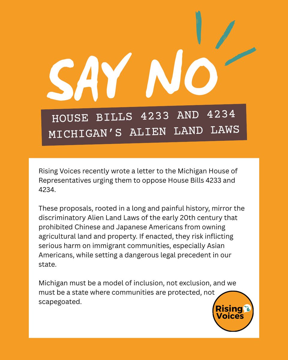 Rising Voices recently wrote a letter to the Michigan House of Representatives urging them to oppose House Bills 4233 and 4234, aka “Alien Land Laws."

Contact your state legislator and urge them to vote NO: bit.ly/4lGOBTO

Read our full letter: bit.ly/HoRLetter