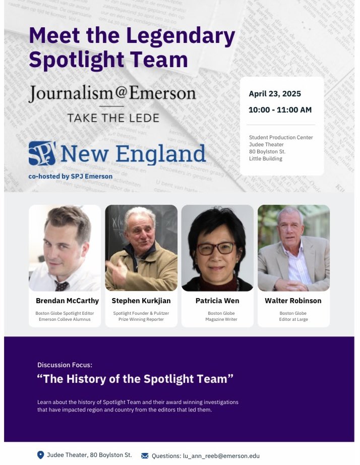 spj_newengland's tweet photo. SPJ New England and @SPJEmerson are hosting the Legendary Spotlight Team from the @BostonGlobe at @EmersonCollege this morning. https://t.co/kaGKKUy1rb