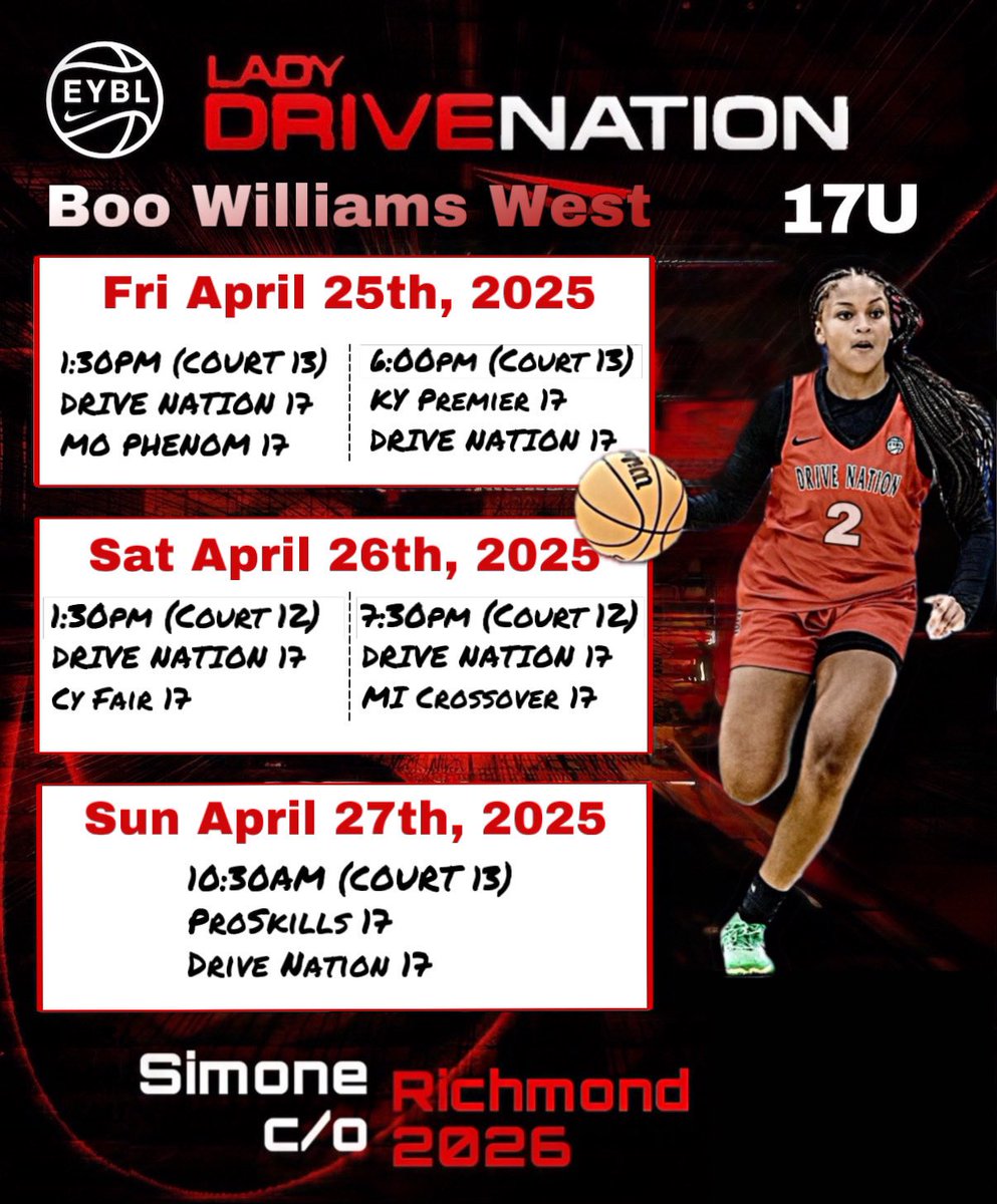 Boo Williams West📍SCHEDULE📍for <a href="/LadyDriveNation/">LADY DRIVE NATION</a> … Seats reserved for u courtside! See u in Phoenix!!! #eybl #session1 #boowilliamsinvitational