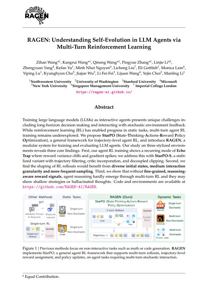 wzihanw's tweet image. Why does your RL training always collapse?
In our new paper of RAGEN, we explore what breaks when you train LLM *Agents* with multi-turn reinforcement learning—and possibly how to fix it.
📄 github.com/RAGEN-AI/RAGEN…
🌐 ragen-ai.github.io
1/🧵👇