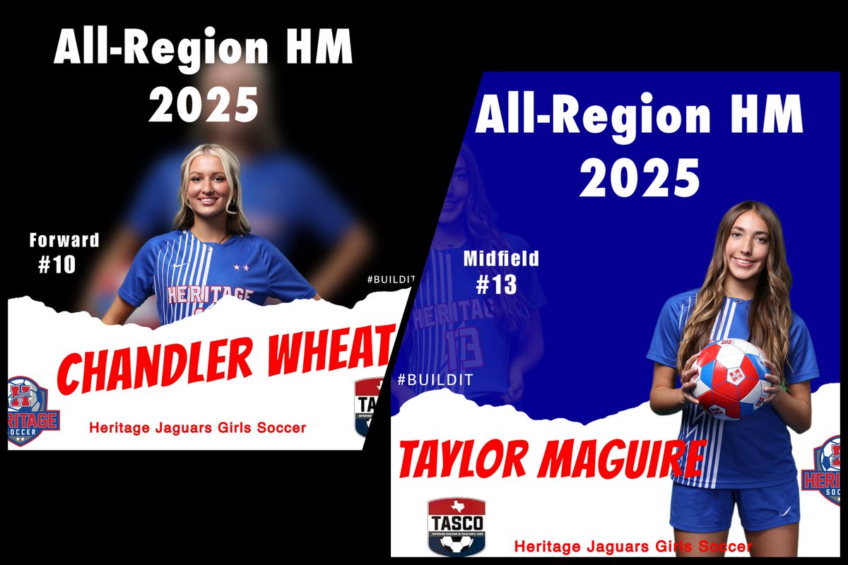 Heritage Girls Soccer (@jagsoccergirls) on Twitter photo Congratulations to Chandler and Taylor on being recognized as All-Region Honorable Mention!
Tough region and to be recognized is fantastic! 👏🏼 <a href="/tascosoccer/">TASCO</a> <a href="/MidloHeritage/">Heritage HS</a> <a href="/MISD_Athletics/">Midlothian ISD Athletics</a> Congratulations to Chandler and Taylor on being recognized as All-Region Honorable Mention!
Tough region and to be recognized is fantastic! 👏🏼 <a href="/tascosoccer/">TASCO</a> <a href="/MidloHeritage/">Heritage HS</a> <a href="/MISD_Athletics/">Midlothian ISD Athletics</a>