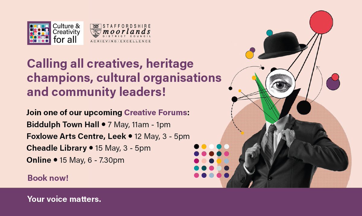 Calling creatives, heritage champions, cultural organisations and community leaders!

Join our Creative Forums – to help shape a cultural vision for the future across the Moorlands. Your voice matters.

Book here - buytickets.at/thehamiltonpro…