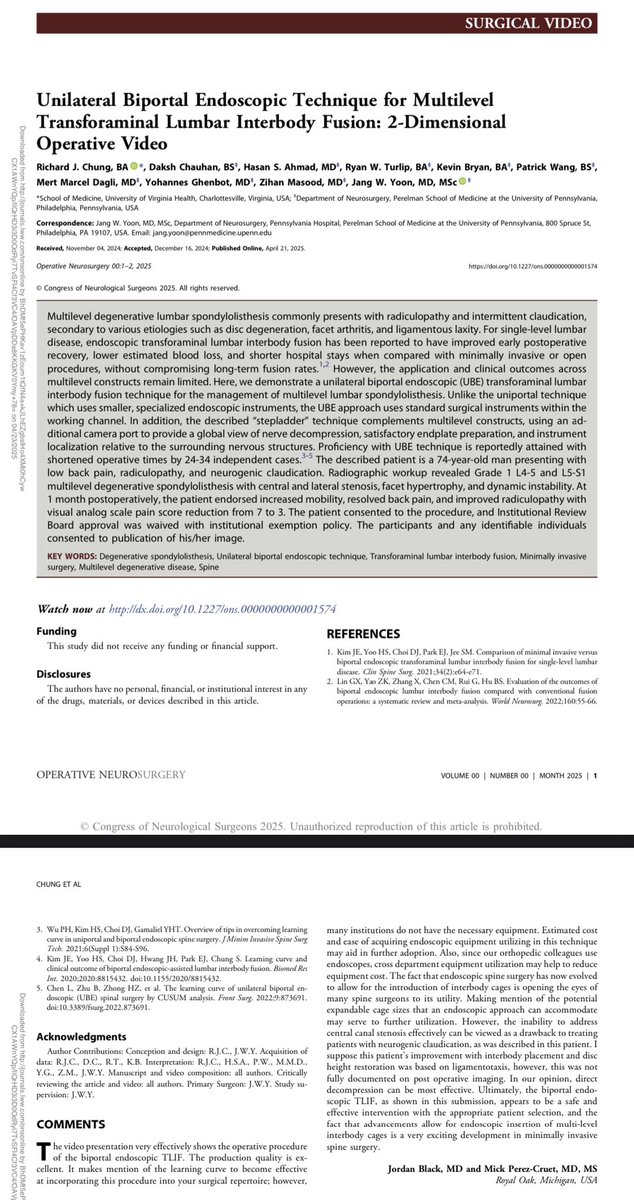 jwyoonspine's tweet image. Two-level TLIF procedures have traditionally been performed through open midline, Wiltse, or tubular approaches. Biportal endoscopic TLIF represents a feasible, safe, and minimally invasive alternative that may reduce the morbidity associated with multilevel lumbar fusion. #spine