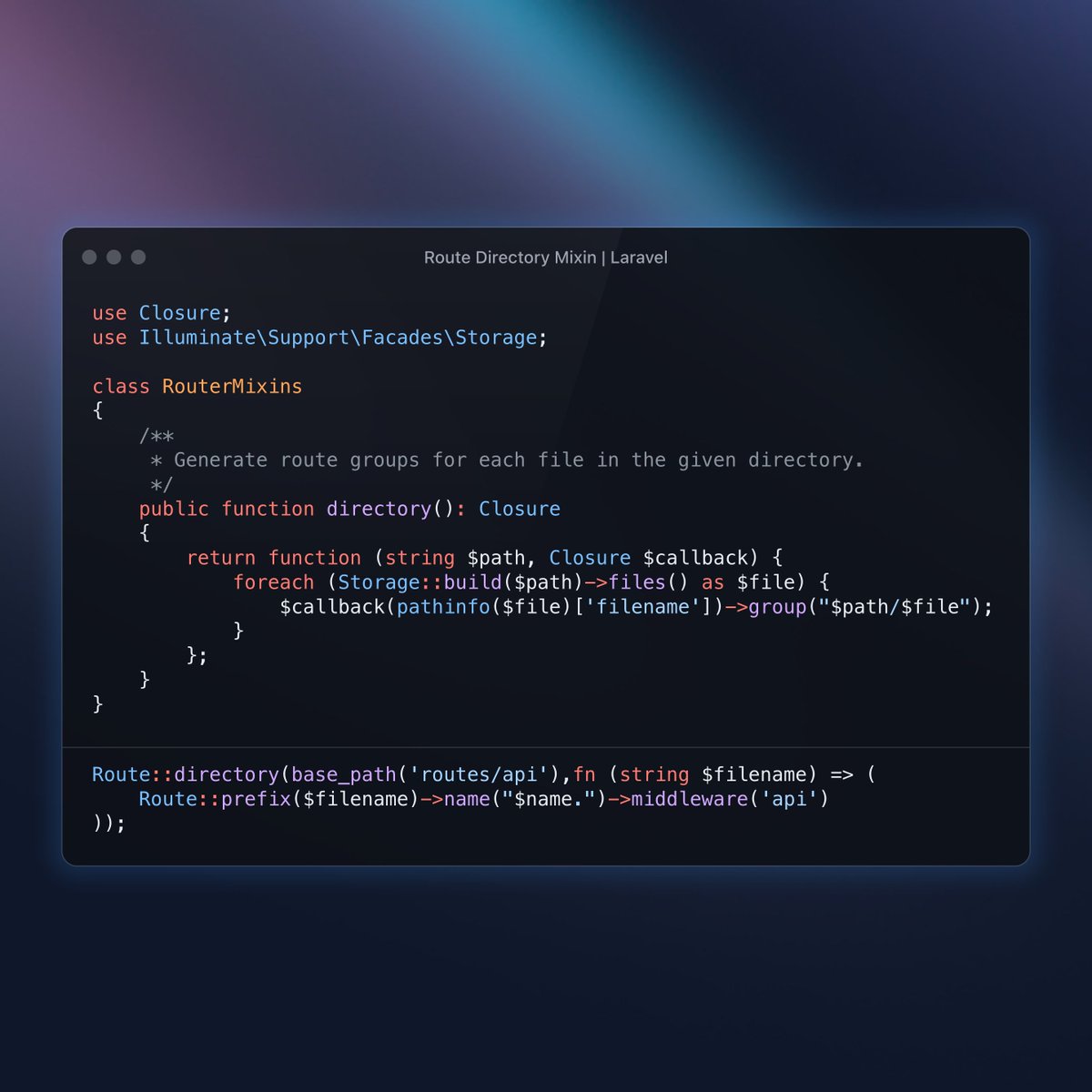 If you have a large application with hundreds of routes and need to separate them into files, consider adding a Route::directory mixin to auto-register all route files in a given directory so you don't need to require them all manually