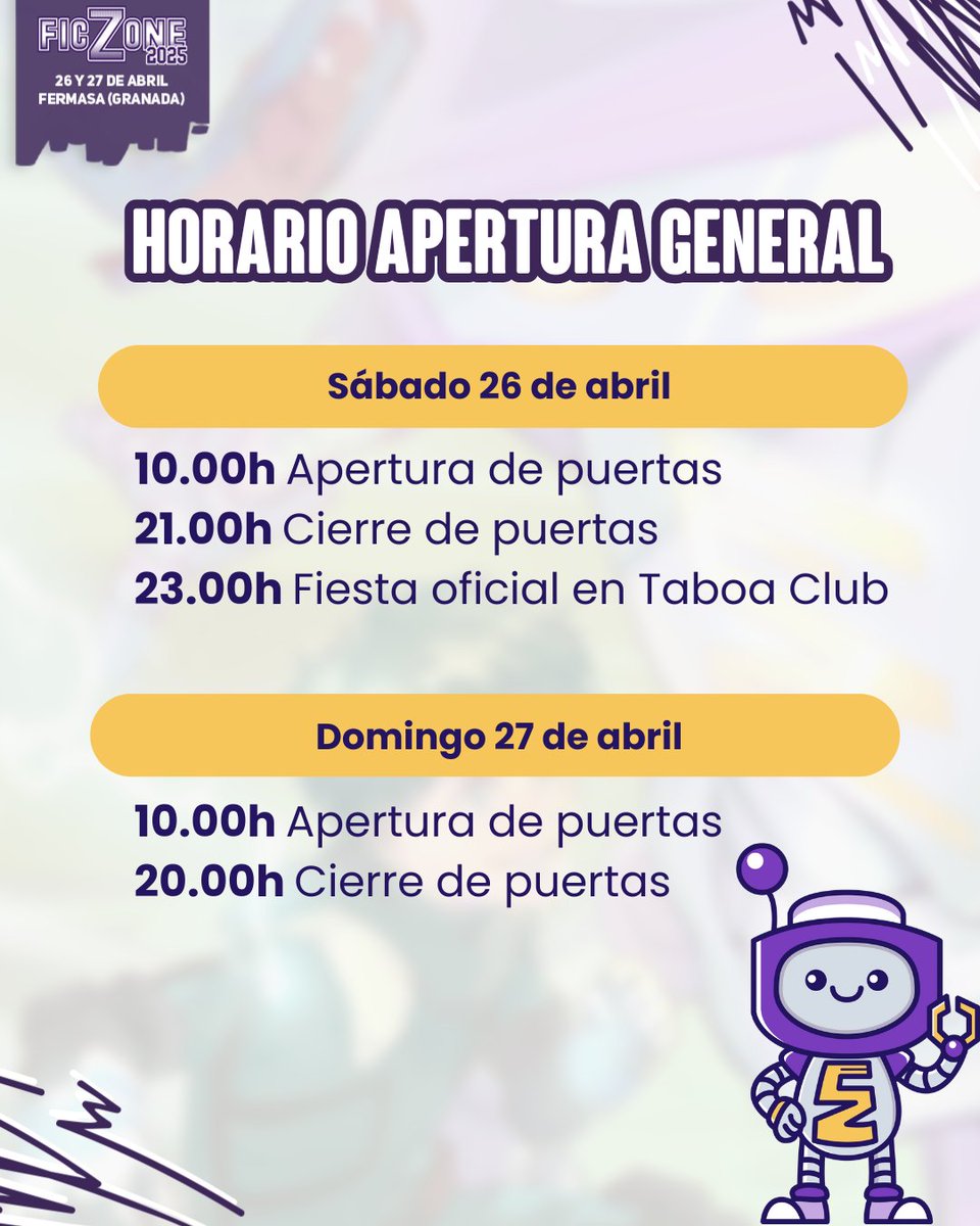 FicZone's tweet photo. ¡Vamos que ya mismo nos vemos! 🫶
Aquí tenéis el horario de apertura del evento.

📆 𝙎𝙖́𝙗𝙖𝙙𝙤 𝟮𝟲 𝙙𝙚 𝙖𝙗𝙧𝙞𝙡
10.00h Apertura de puertas
21.00h Cierre de puertas
23.00h Fiesta oficial en Taboa Club (os recordamos que el acceso a la fiesta es gratuito con la entrada de sábado o la de domingo 😈 )

📆 𝘿𝙤𝙢𝙞𝙣𝙜𝙤 𝟮𝟳 𝙙𝙚 𝙖𝙗𝙧𝙞𝙡
10.00h Apertura de puertas
20.00h Cierre de puertas

Quien tenga ganas de este finde que diga AAAAAAAAAAAAA