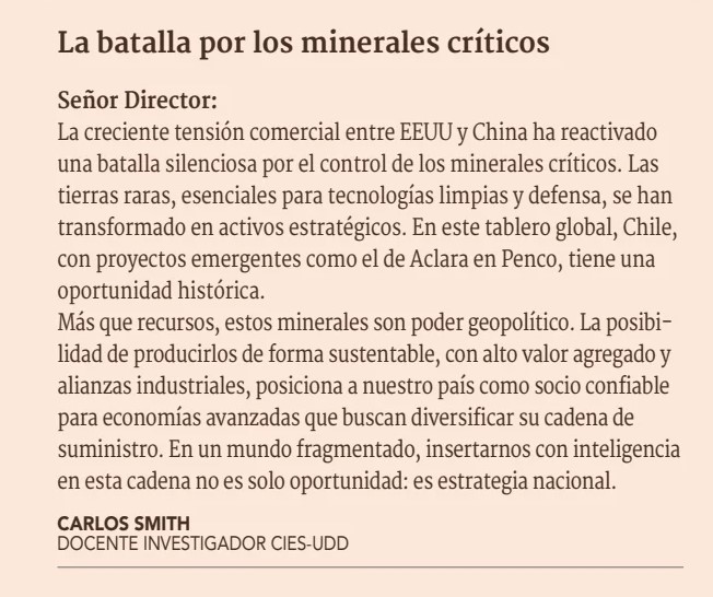 negociosUDD's tweet photo. 🔴OPINIÓN | Compartimos Carta al Director de nuestro investigador #CIESUDD, @carlospsmithc: "La batalla por los minerales críticos", publicada hoy en @DFinanciero.
➡️Revísala en nuestra web: https://t.co/cZHmXJoJ3b https://t.co/epWB6BYUjw