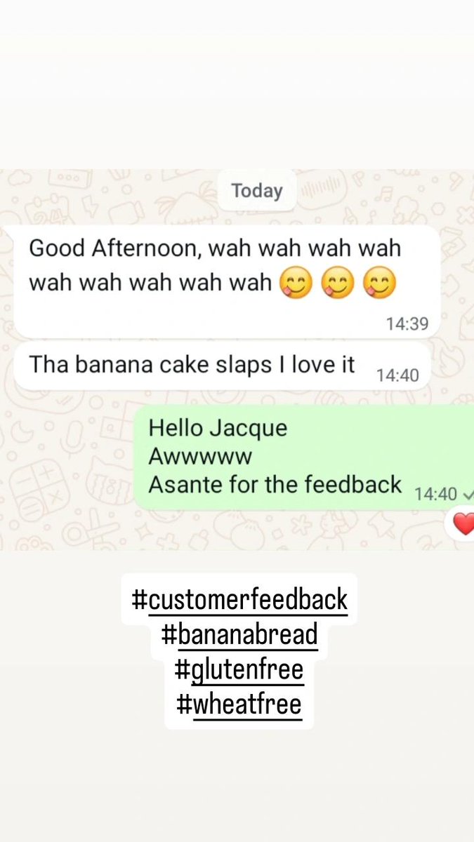 Wednesday's are for customer feedback 
A win for our Gluten-Free Banana Bread and Chickpea flour 
You too can enjoy this amazing products
We are happy to serve you all
#customerexperience #customerfeedback #glutenfreebananabread #glutenfreechickpeaflour #onjafoods