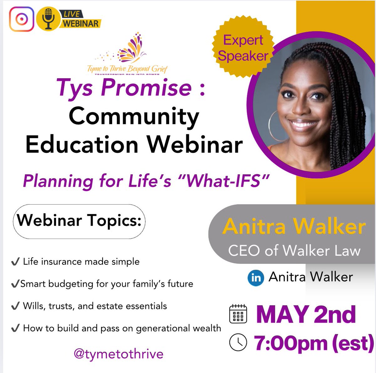 Tyme to Thrive Beyond Grief (@tymetothrive) on Twitter photo What if tomorrow came without warning… would your family be ready?
Anitra Walker, CEO of Walker Law, is pulling back the curtain on
May 2nd | 7PM EST | LIVE on IG <a href="/tymetothrive/">Tyme to Thrive Beyond Grief</a>
Because planning isn’t fear — it’s **love in action 💜 #TysPromise What if tomorrow came without warning… would your family be ready?
Anitra Walker, CEO of Walker Law, is pulling back the curtain on
May 2nd | 7PM EST | LIVE on IG <a href="/tymetothrive/">Tyme to Thrive Beyond Grief</a>
Because planning isn’t fear — it’s **love in action 💜 #TysPromise