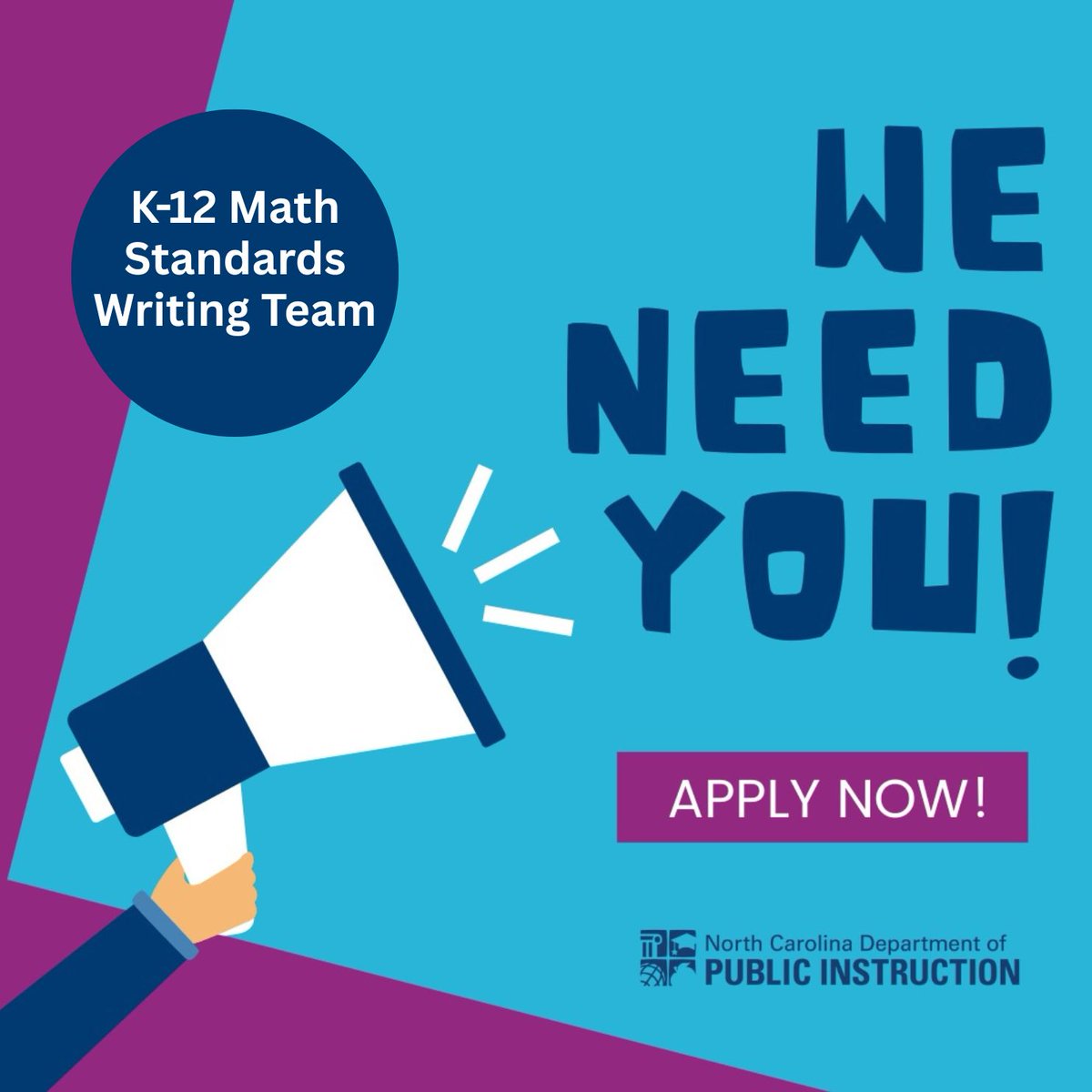 Calling K-12 math educators &amp; partners! Join the Math Standards Writing Teams to help shape NC's K-12 Math Standards. Apply by 8 a.m., May 12.

🔍 Scope of Work: go.ncdpi.gov/58psv
✍️ Apply: go.ncdpi.gov/29vxy