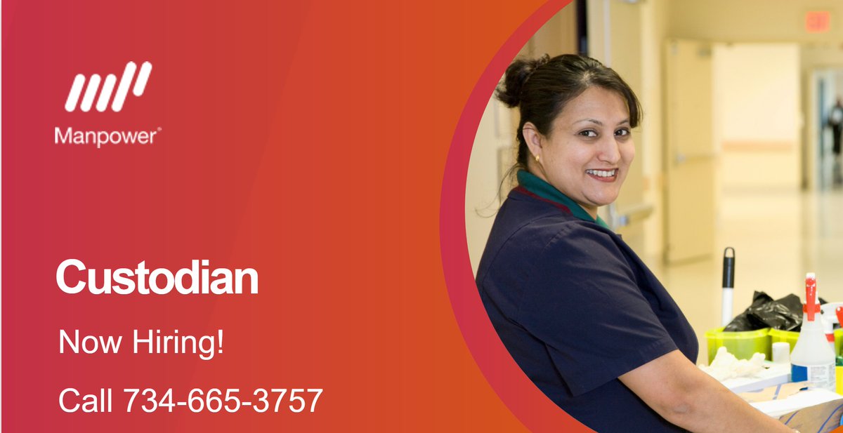 ManpowerA2's tweet image. Our client, the University of Michigan, in Ann Arbor is currently seeking Custodians! Pay is $18/hr – WEEKLY pay! Must be able to meet the University of Michigan’s pre-employment screening and compliance requirements. Call 734-665-3757 or go to manpower.com/en/job/mainten… to apply!