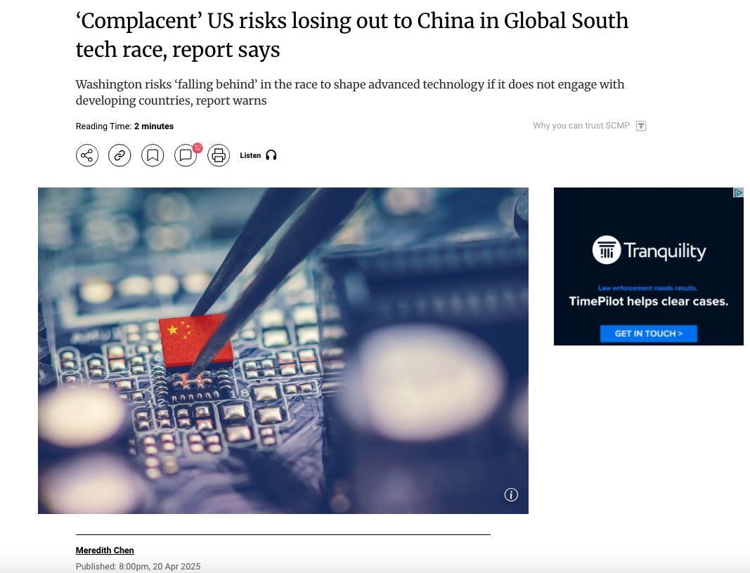 Cole McFaul (@colemcfaul) on Twitter photo Very cool to see my latest report covered by <a href="/meredithchenn/">Meredith Chen</a> in <a href="/SCMPNews/">South China Morning Post</a>!
‘Complacent’ US risks losing out to China in Global South tech race, report says
Link to SCMP article in next tweet
And in case you missed it, see below thread for key takeaways!
x.com/colemcfaul/sta… Very cool to see my latest report covered by <a href="/meredithchenn/">Meredith Chen</a> in <a href="/SCMPNews/">South China Morning Post</a>!
‘Complacent’ US risks losing out to China in Global South tech race, report says
Link to SCMP article in next tweet
And in case you missed it, see below thread for key takeaways!
x.com/colemcfaul/sta…