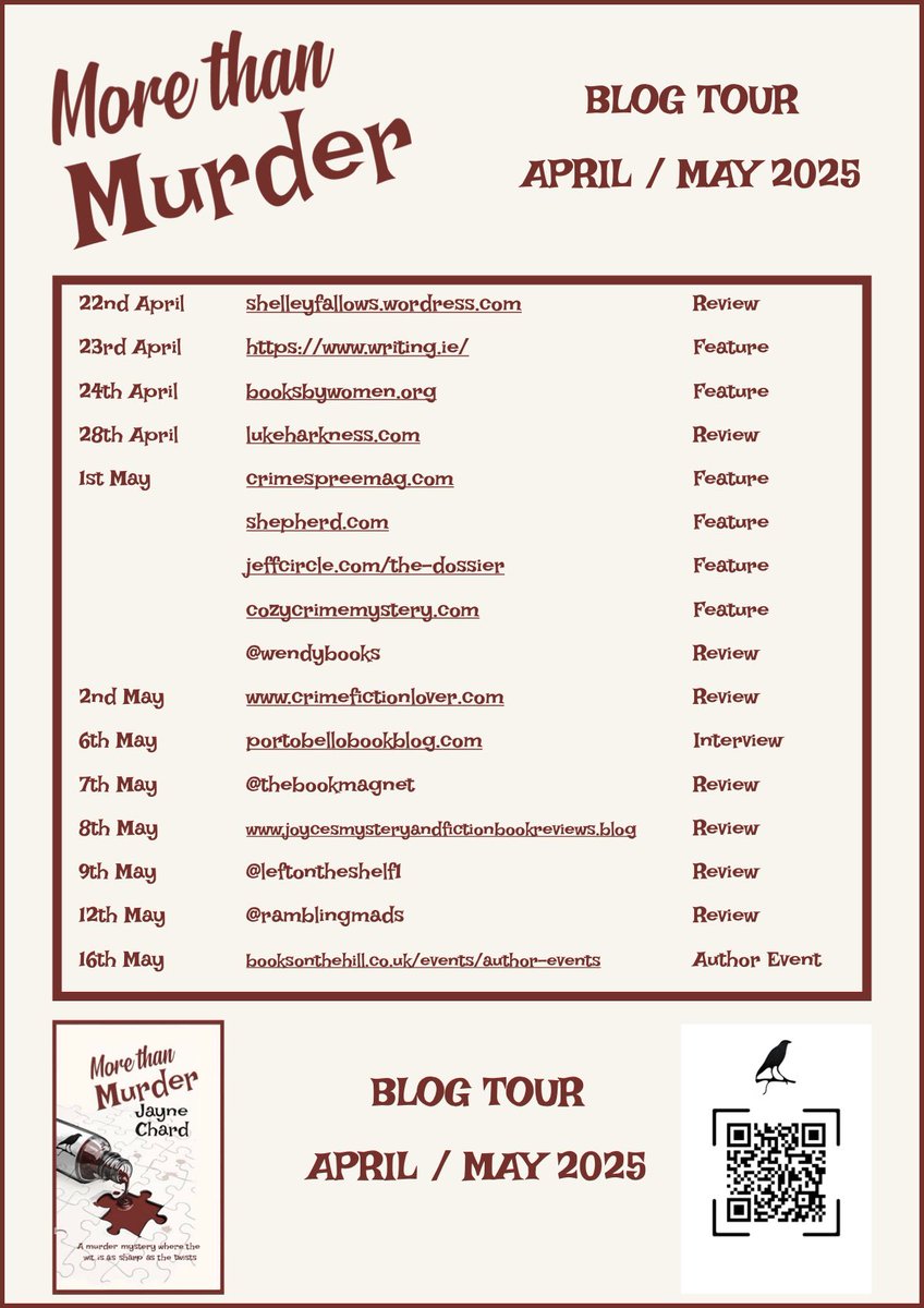 JayneChard's tweet photo. Check out what’s happening with More Thsn Murder blog tour in April and May 
#cosy #crime https://t.co/8NA42g0hd8