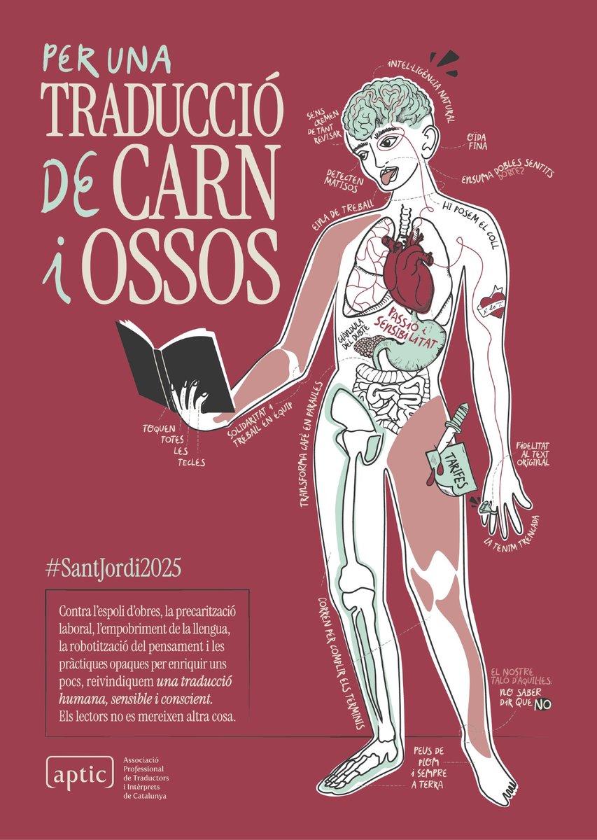 "Contra l'espoli d'obres, la precarització laboral, l'empobriment de la llengua, la robotització del pensament i les pràctiques opaques per enriquir uns pocs, reivindiquem una traducció humana, sensible i conscient. Els lectors no mereixen altra cosa".
<a href="/apticassociacio/">APTIC</a>
#SantJordi