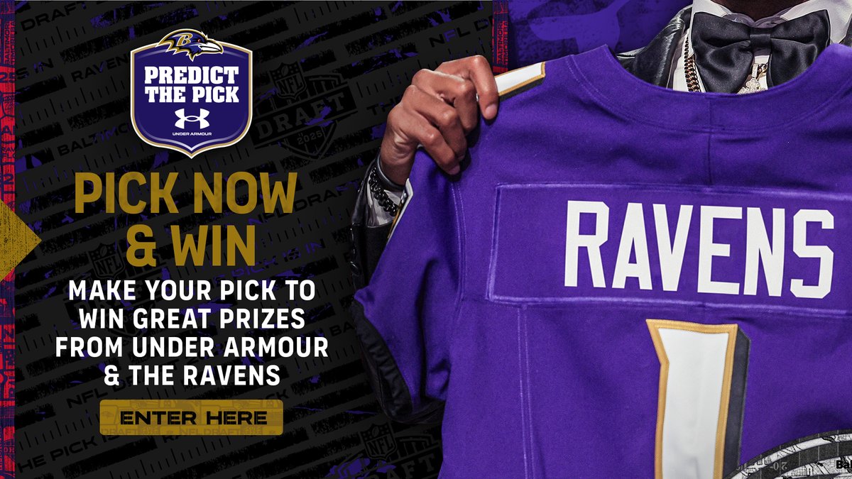 Ravens Promotions (@ravenspromos) on Twitter photo Make your guess on who we will pick in the 2025 NFL Draft, and you could win great prizes from the Ravens and <a href="/UnderArmour/">Under Armour</a>!
➡️ web.witcontests.com/ravens/sweepst… Make your guess on who we will pick in the 2025 NFL Draft, and you could win great prizes from the Ravens and <a href="/UnderArmour/">Under Armour</a>!
➡️ web.witcontests.com/ravens/sweepst…