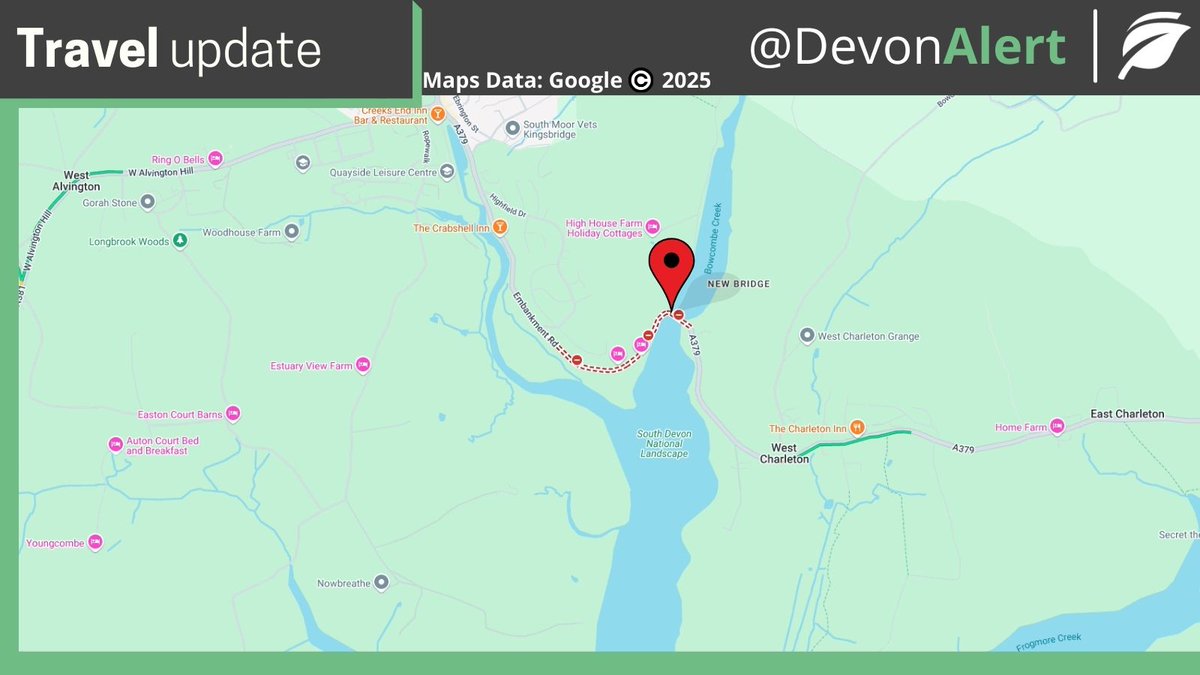 DevonAlert's tweet image. #Devon The A379 Embankment Road in Kingsbridge is likely to remain closed across rush hour this evening. Please use alternative routes. JM 15:13 23/4/25