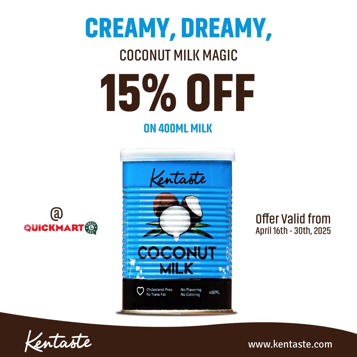 Creamy just got dreamy! Get 15% OFF our 400ml Kentaste Coconut Milk at Quickmart from now until April 30th! Whether it’s your curries, smoothies, or baked treats, make them magical with a splash of coconut goodness. 

#Kentaste #CoconutMilk #QuickmartDeals