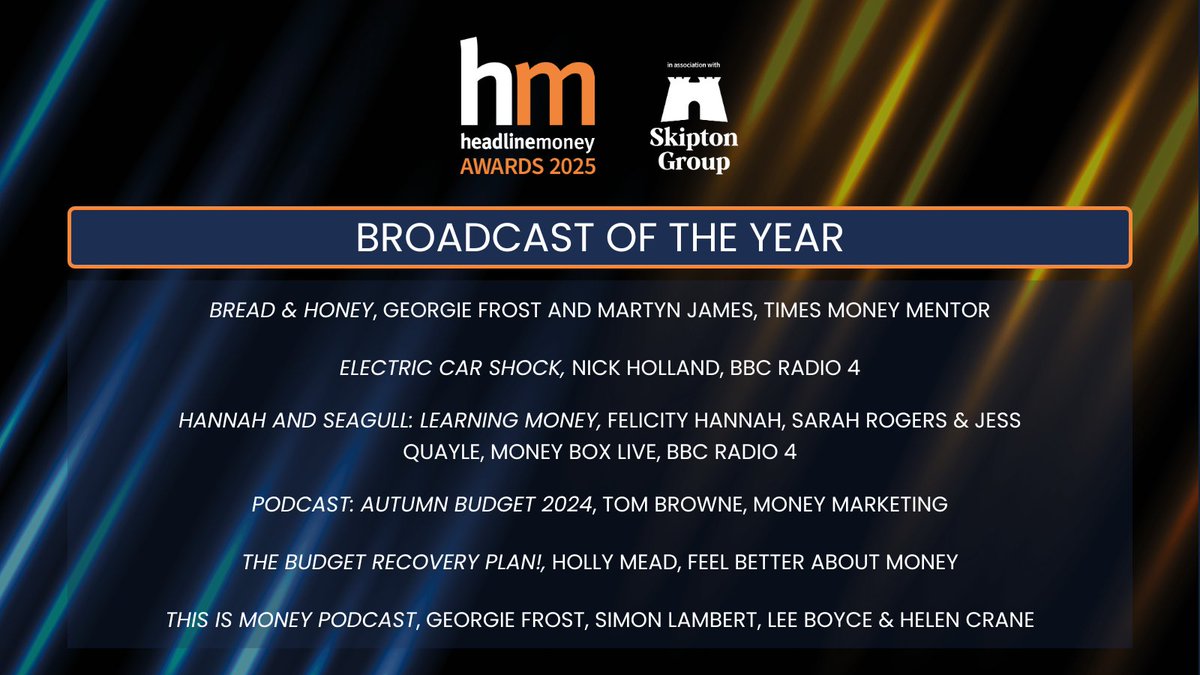 And on to the shortlist for our inaugural #HMAwards25 Broadcast of the Year award!
  
Congratulations to <a href="/BBCRadio4/">BBC Radio 4</a>, <a href="/Moneybox/">BBC Money Box</a>, <a href="/_moneymarketing/">Money Marketing</a>, <a href="/TTMoneyMentor/">Times Money Mentor</a>, Feel Better About Money &amp; <a href="/thisismoney/">This is Money</a> 👏
 
 tinyurl.com/3wkkrzkp