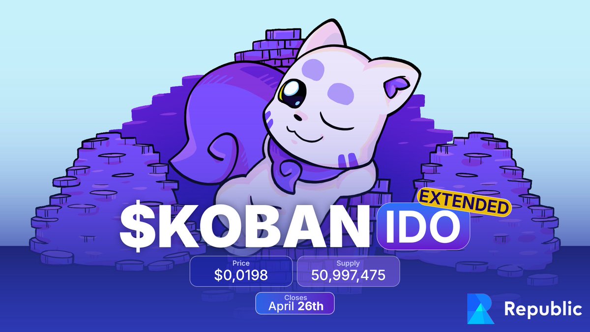 🎉 <a href="/daomaker/">DAO Maker</a> IDO = SOLD OUT!
📣 $KOBAN now nearing $100K on <a href="/joinrepublic/">Republic</a> IDO! 📣

To celebrate, the Republic IDO is extended 3 more days 🔥

⏳ Grab tokens at 10% off before TGE (soon™)
🗓️ Ends: April 26, 7am UTC

Don’t fade! More info below 🧵👇
