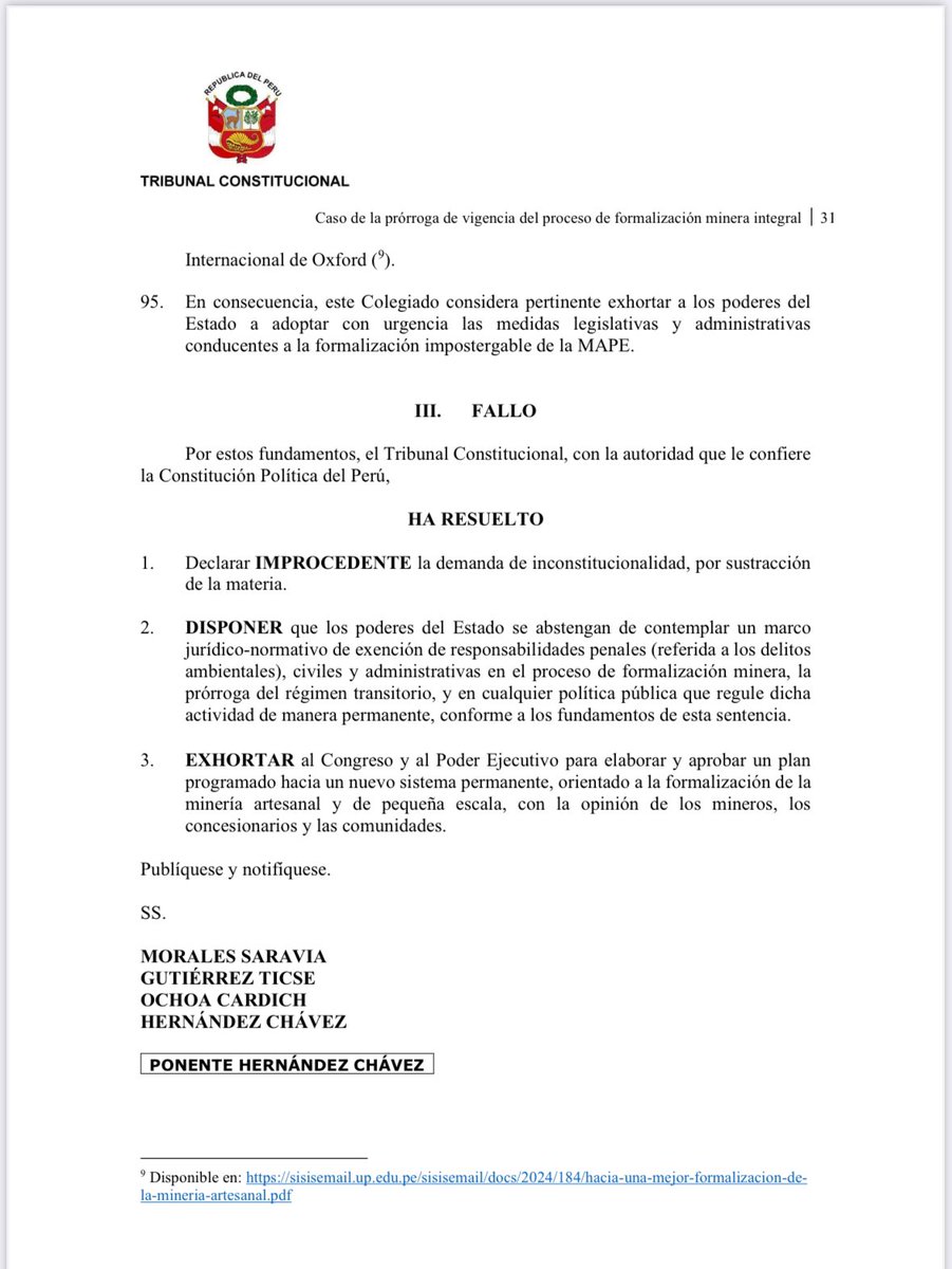 El <a href="/TC_Peru/">Tribunal Constitucional del Perú</a> declara improcedente la demanda en el Caso Ampliación del REINFO pero, precisa la regulación sobre minería informal no debe contemplar un régimen de inmunidad penal y debe proteger el medio ambiente y exhorta a que se regule un nuevo sistema que debe ser consultado.