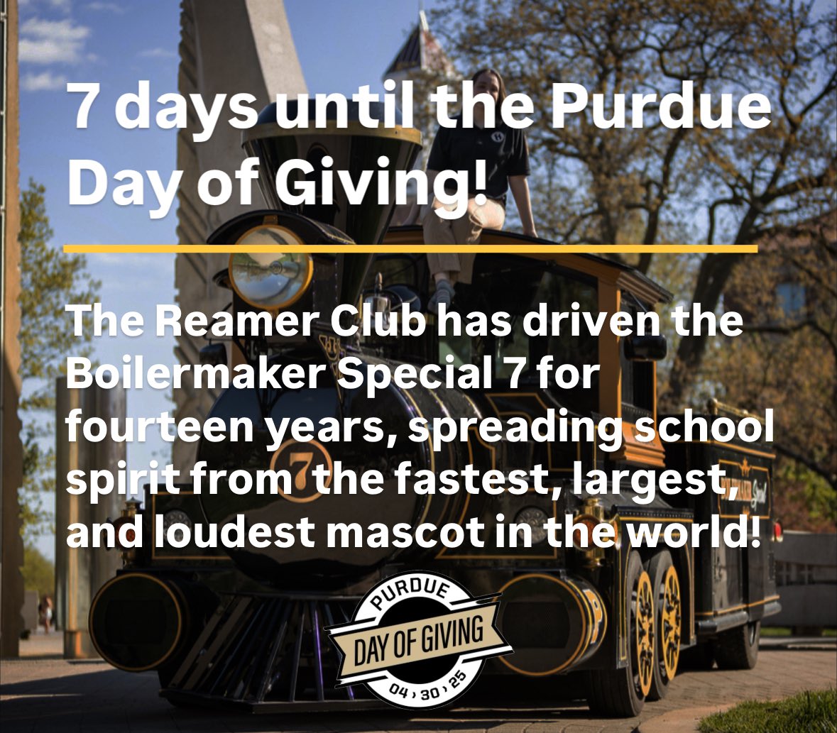 Hello Boilermakers, the countdown continues! Purdue Day of Giving is just 7 days away. Make sure to show your support by donating to the Purdue Reamer Club on April 30th.
You can find more info at dayofgiving.purdue.edu/info/participa… 

#purdue  #purduedayofgiving  #boilerup