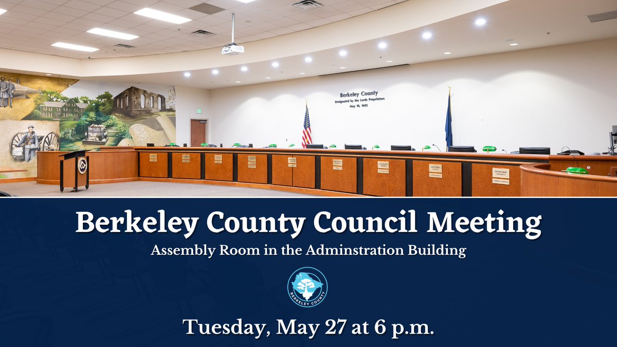 Berkeley County Council will meet 6pm this evening, May 27, in the County Administration Building, (1003 Highway 52, Moncks Corner).

View the meeting: youtube.com/berkeleycounty…

View agenda: agendas.berkeleycountysc.gov/meeting_list.p…

#OneBerkeley