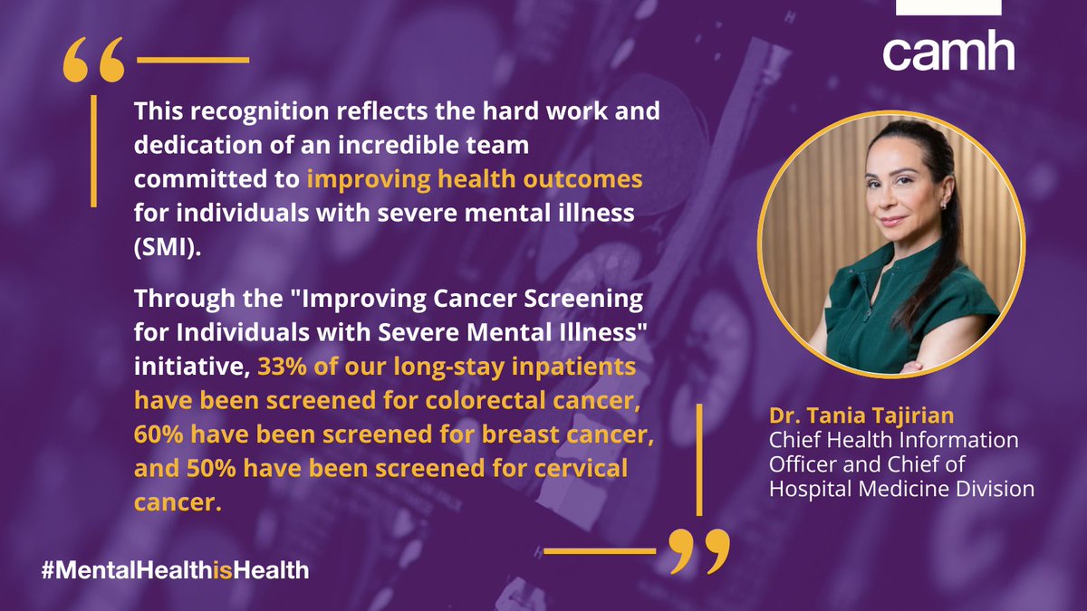 CAMH (@camhnews) on Twitter photo Congratulations to Dr. Tania Tajirian (<a href="/TaniaTajirian/">Dr Tania Tajirian</a>) and her team for receiving the Canadian College of Health Leaders’ Award of Excellence in Mental Health and Addictions Quality Improvement, co-sponsored by <a href="/MHCC_/">Mental Health Commission of Canada</a> and <a href="/CCSACanada/">CCSA</a>! 🎉
MORE:
cchl-ccls.ca/news_article/c… Congratulations to Dr. Tania Tajirian (<a href="/TaniaTajirian/">Dr Tania Tajirian</a>) and her team for receiving the Canadian College of Health Leaders’ Award of Excellence in Mental Health and Addictions Quality Improvement, co-sponsored by <a href="/MHCC_/">Mental Health Commission of Canada</a> and <a href="/CCSACanada/">CCSA</a>! 🎉
MORE:
cchl-ccls.ca/news_article/c…