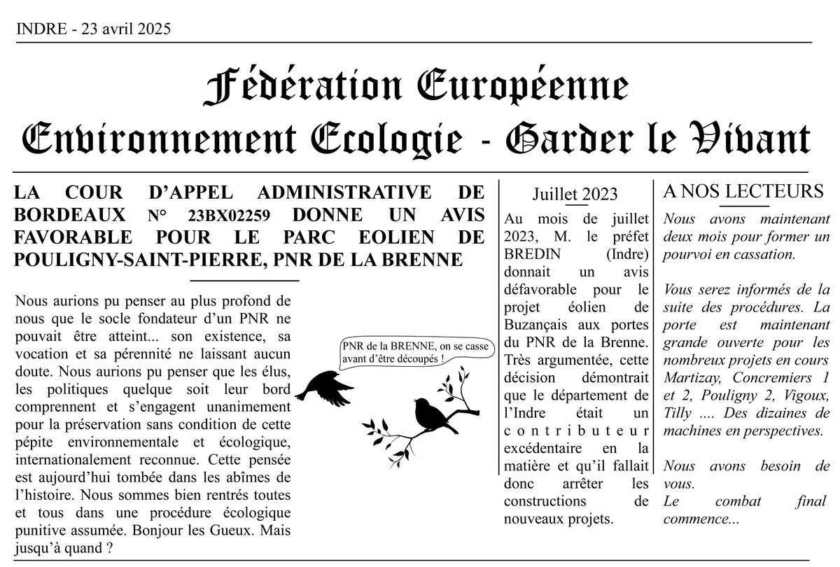 Dans l'édition du 18 avril, nous vous avions prévenu. C'est fait, le Parc naturel régional de la Brenne est en danger de mort comme les autres.
#gueux