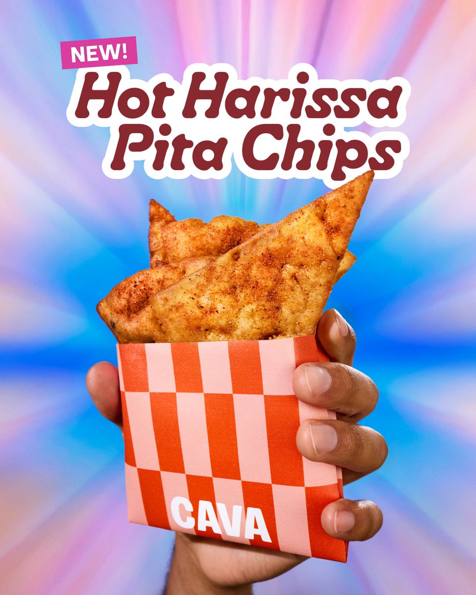 cava's tweet image. It’s time to spice up snack time with our new Hot Harissa Pita Chips 👀🔥
With a hint of heat and a lot of flavor, our classic pita chips just met their spicy twin flame. Now available for a limited time in all CAVA restaurants.
