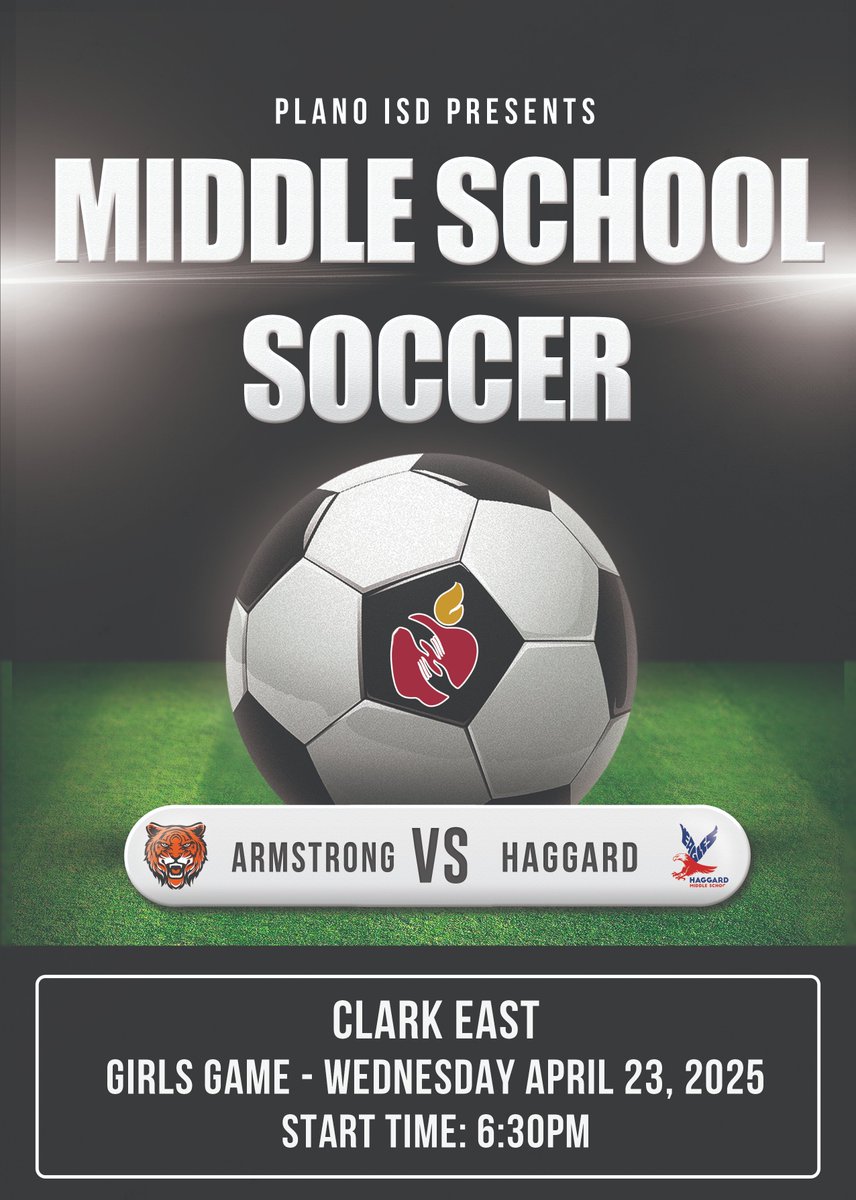 Haggard Middle School vs Armstrong Middle School

Girls Middle School Soccer 

Wednesday, Apr 23rd, 2025 at 6:30 PM  on the NFHS Network!  
nfhsnetwork.com/events/plano-i…

TICKETS
events.hometownticketing.com/boxoffice/plan…