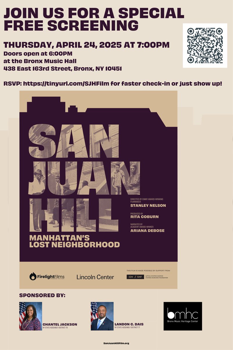 Join us TOMORROW for a special free screening of San Juan Hill: Manhattan's Lost Neighborhood! This is a powerful film uncovering the untold story of a vibrant community erased from history.

Thursday, April 24 | 7PM
Bronx Music Hall | Doors open at 6PM

Proud to partner with
