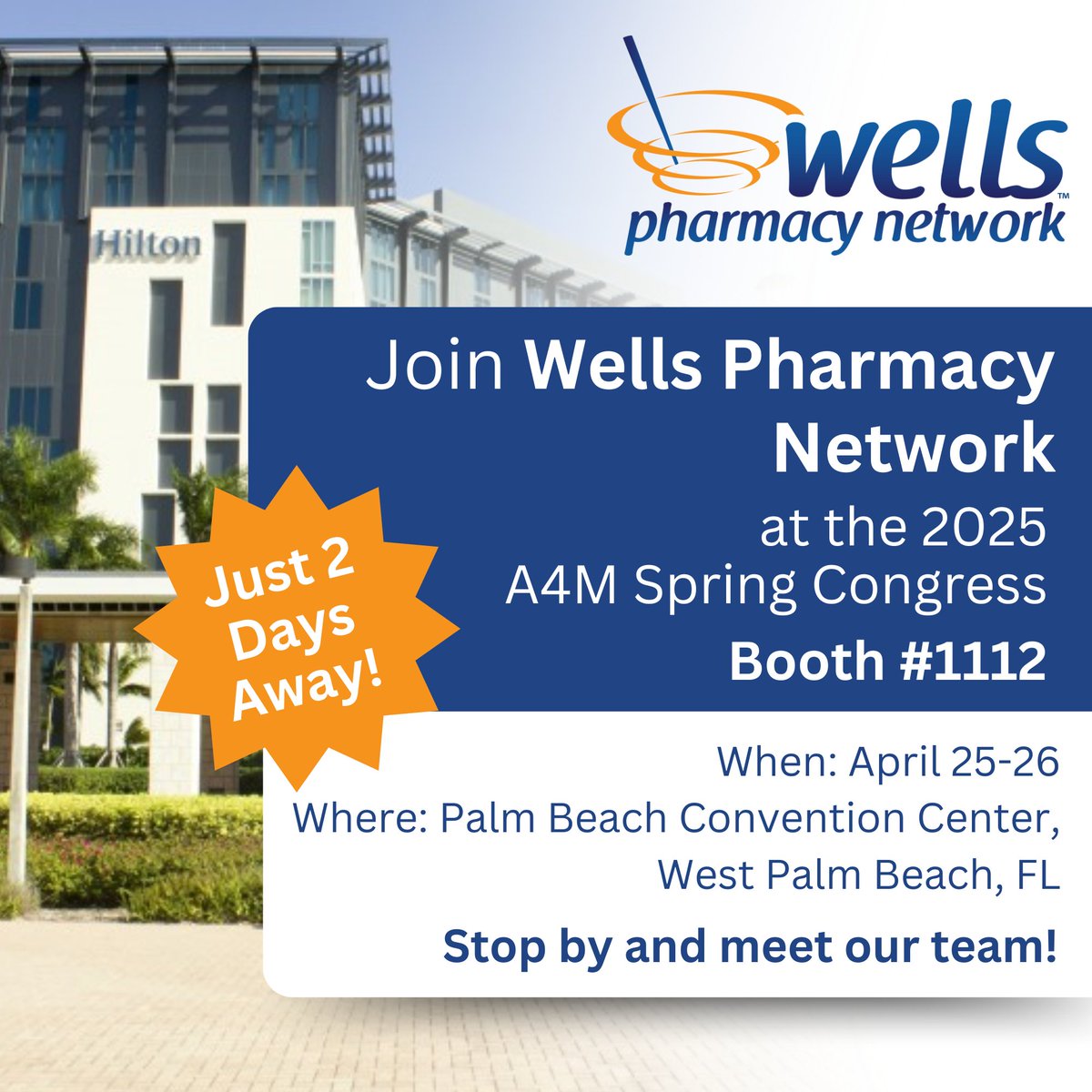 WellsRx's tweet photo. Only 2 days until A4M Spring Congress! Join Wells Pharmacy Network at the Palm Beach Convention Center on April 25-26. Stop by our booth #1112 to explore compounding solutions and connect with our experts. See you soon! 

#WellsPharmacyNetwork #A4M2024 #CompoundingPharmacy https://t.co/il9gkWFE1X