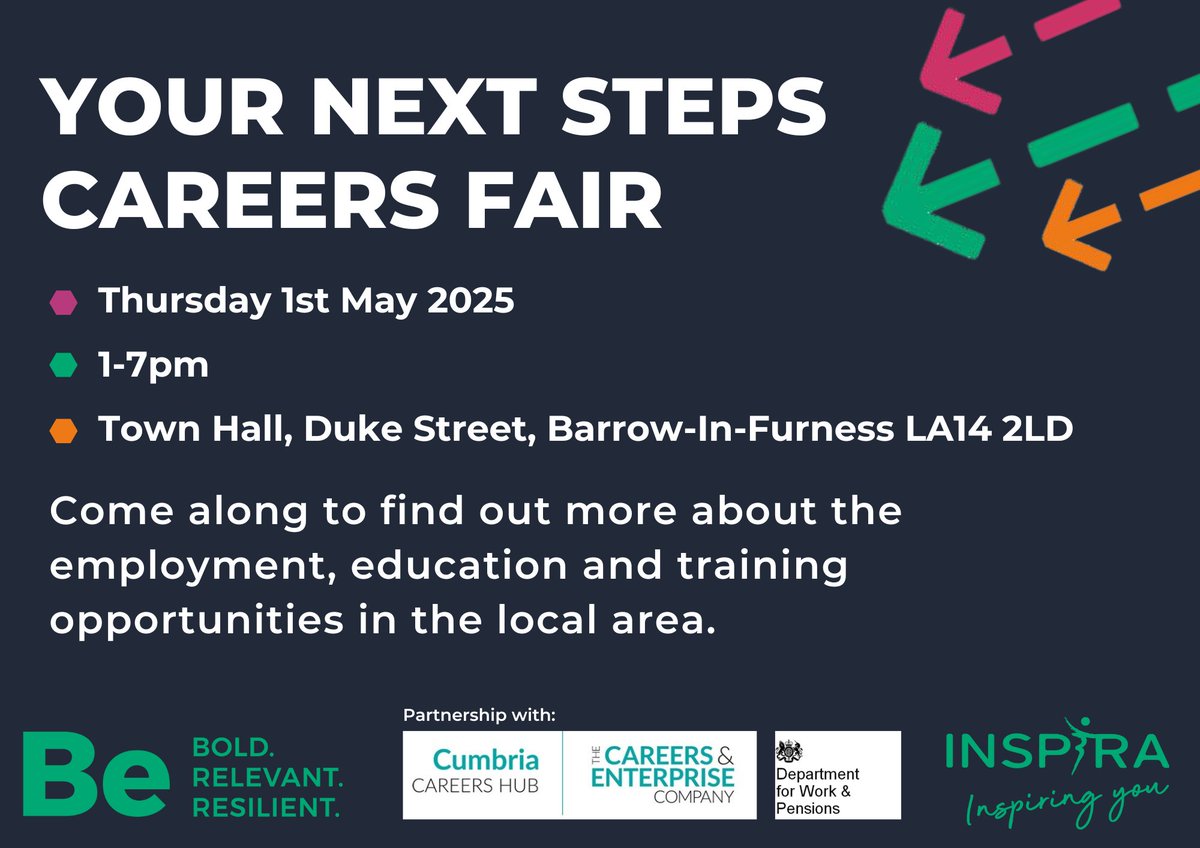 Are you aged 18-24 and live in the Barrow-in-Furness area?

Come along to this year's 'Your Next Steps' Careers Fair which is an excellent opportunity for you to meet local employers along with education and training providers to find out more about opportunities open to you.