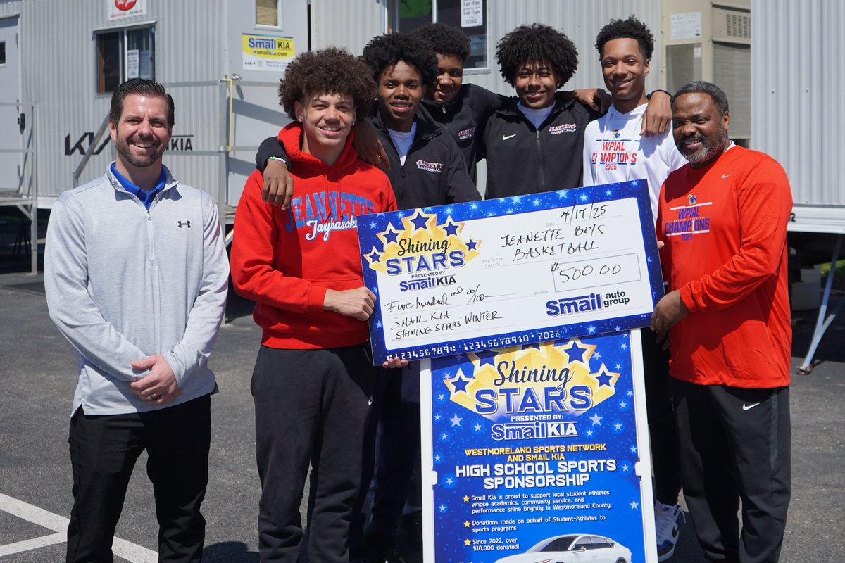 Congratulations to the WPIAL champion Jeannette boys basketball team on being recognized as one of our Shining Stars winter teams! The Jayhawks receive a $500 check from <a href="/SmailKia/">Smail Kia</a> in Greensburg and the Westmoreland Sports Network! <a href="/Jhawkathletics/">Jeannette Sports</a>