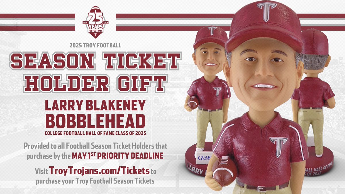 𝗟𝗔𝗥𝗥𝗬 𝗕𝗟𝗔𝗞𝗘𝗡𝗘𝗬 𝗕𝗢𝗕𝗕𝗟𝗘𝗛𝗘𝗔𝗗

The May 1st priority deadline is 8⃣ days away! Fans who purchase <a href="/TroyTrojansFB/">Troy Trojans Football 8x⚔️</a> season tickets by the May 1st priority deadline, will get this Larry Blakeney Bobblehead celebrating his induction into the College Football Hall of